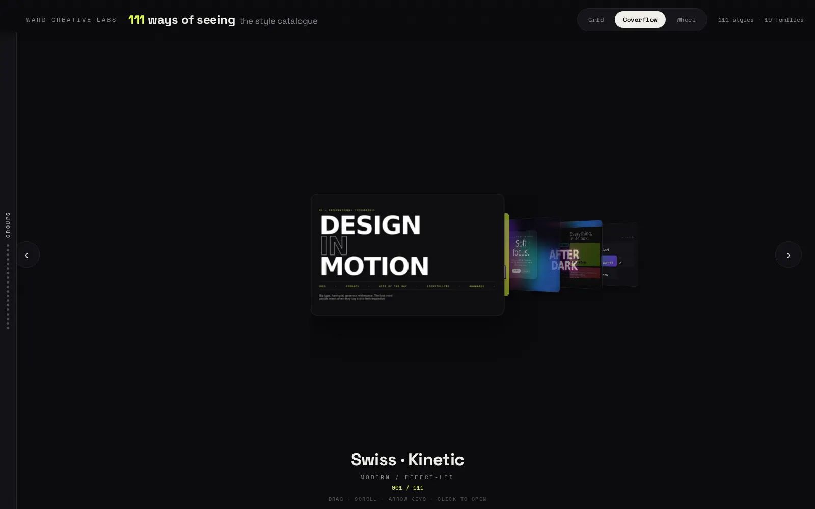 Coverflow view of the catalogue, one design style centred with the deck receding either side